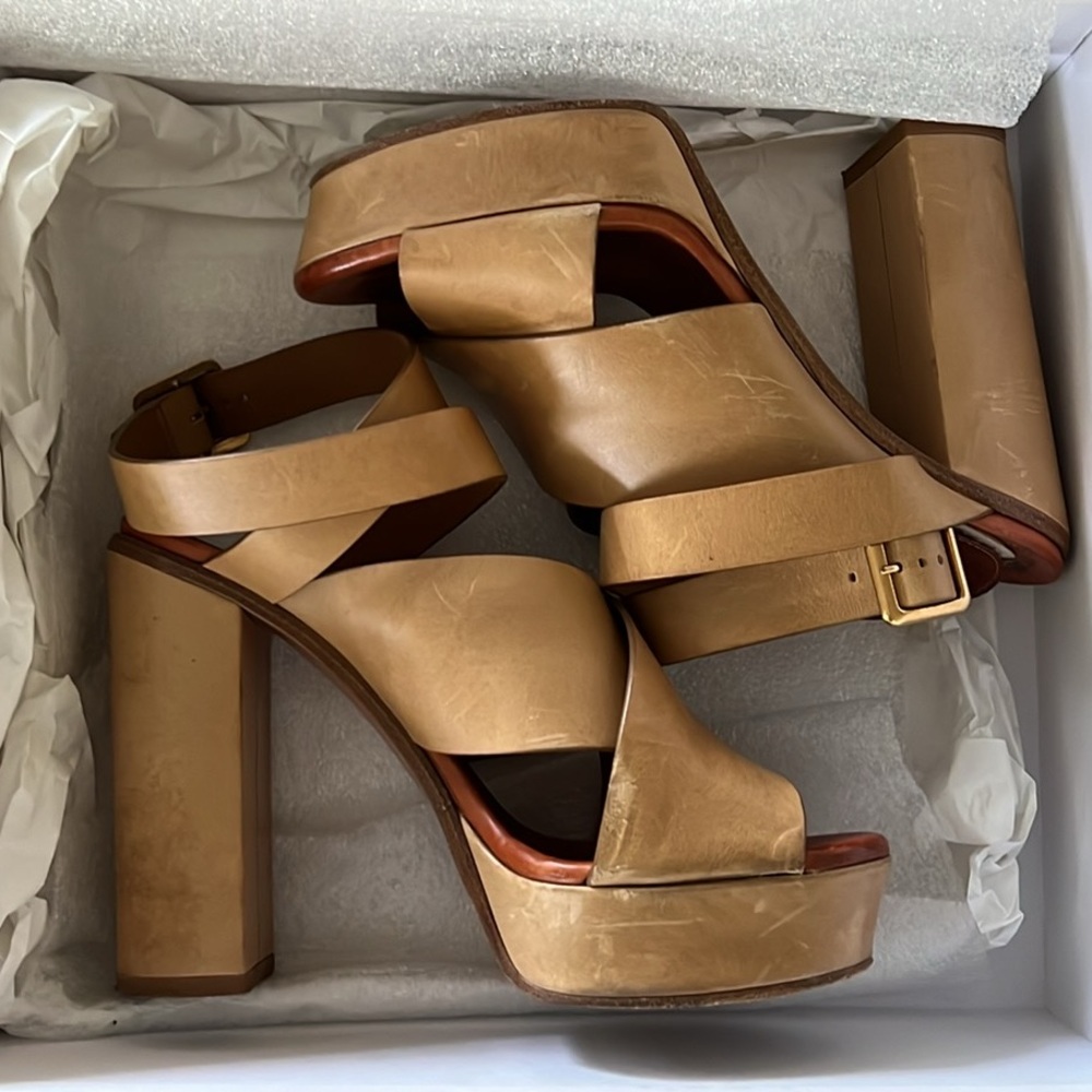 Chloe Strappy Leather Platform Sandals - Tan Size 38.5 - Picture 2 of 15